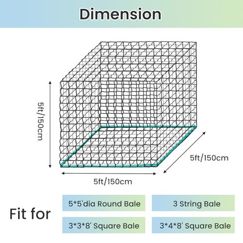 5x5 FT Round Bale Hay Net, 2-Inch Slow Feed for Horses and Goats | Knotless heavy-duty hay feeder, fits 4x5 and 5x5 round bales, 2-inch holes help slow feeding and reduce hay waste - size: 5x5 ft