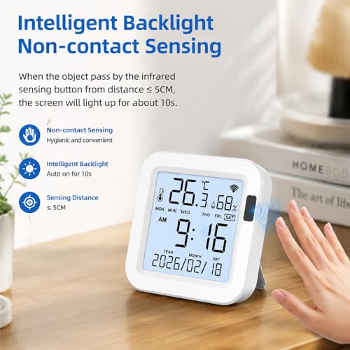 WiFi Temperature Humidity Monitor: Upgraded Smart Temperature and Humidity Sensor with Large Backlit LCD Screen & App Alerts, Indoor Thermometer Hygrometer Compatible with Alexa Google Assistant