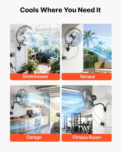 VEVOR Wall Mount Fan, 20 in Wall Mounted Hanging Fan with Oscillating & Mist, Remote, IP44-rated, 3-Speed, 18h Timer, Temperature Control, Powerful for Industry, Commercial, Garage, Workshop, Gym