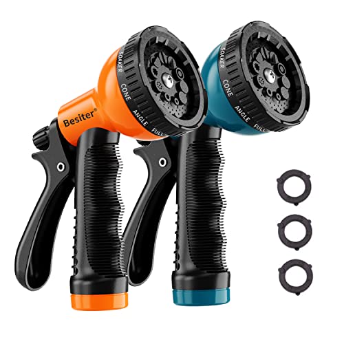 Besiter Garden Hose Nozzle Sprayer: 2 Pack 10 Watering Patterns Spray Nozzles Heavy Duty Hose Head Hose Attachment - color: Blue Orange