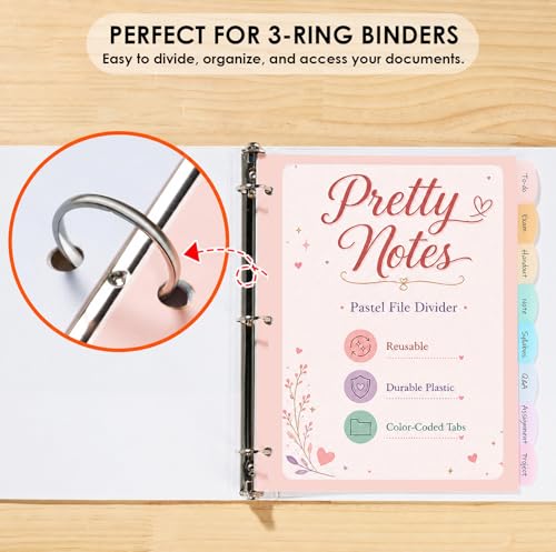 Pastel Binder Dividers, 2 Sets of 8 Tabs, Cute Pink, 3 Ring Binder | 2 sets of 8-tab pastel plastic binder dividers with large write-and-erase tabs, frosted centers, and 3-ring compatibility.