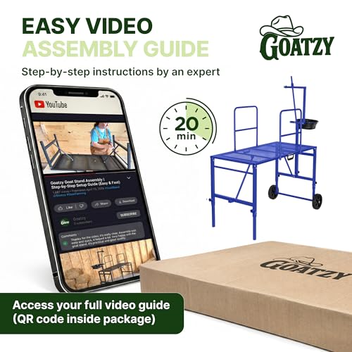 Goat Stand with Adjustable Headpiece & Legs, Goat Milking Stand with Feeder, Rails & Wheels, Stanchion for Grooming & Hoof Trimming, Sheep Stand for Shearing Heavy-Duty Steel Platform, Blue - color: BLUE