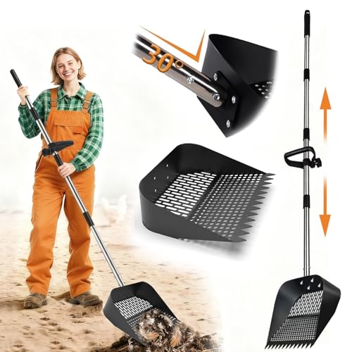 2-in-1 Chicken Poop Scooper & Rake,Large Adjustable Metal Shovel Head Chicken Coop Scooper for Sand with 22 to 63",10" Wide Durable Sand Sifting Shovel with Grip for Chicken Coops & Small Farm Animals