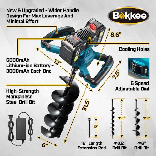 42V Brushless Cordless Post Hole Digger Kit with 3.2" & 6" Auger Bits, 2 Batteries & Charger | Electric Earth Auger for Fence Posts, Gardening, Landscaping | Forward/Reverse, 6-Speed