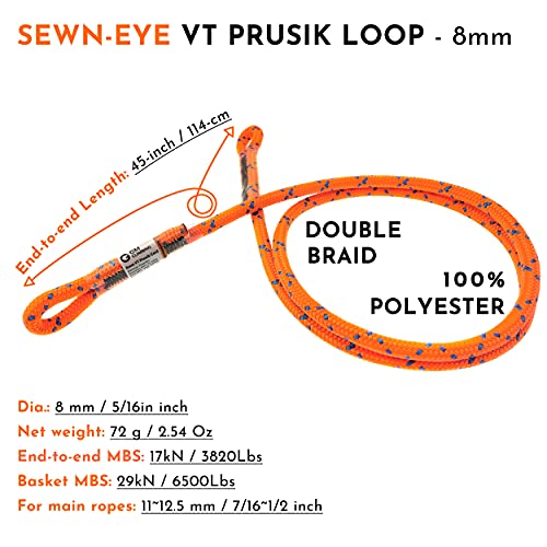 GM CLIMBING 8mm (5/16") Prusik Swen Eye-to-Eye Pre-Sewn 30 inch / 45 inch - color: Orange-45 inch