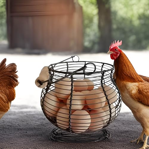 LINCOUNTRY. Farmhouse Wire Egg Baskets for Gathering Fresh Egg With Handle | Famhouse vintage rustic Round Metal Chicken Egg Collecting Basket Countertop Holder Vintage Style for Kitchen