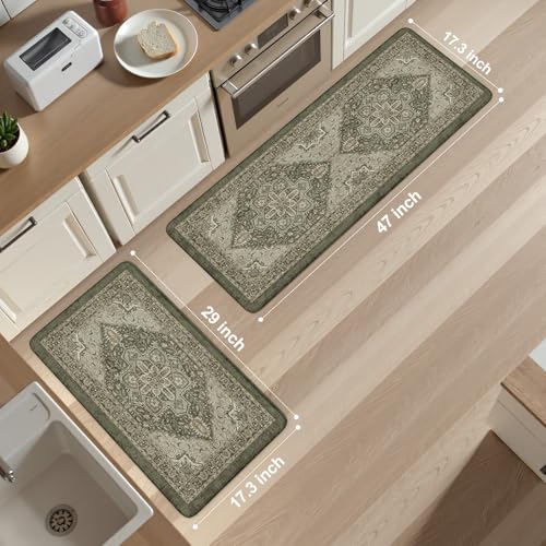 KIMODE Anti Fatigue Mats for Kitchen Floor, Boho Kitchen Rugs Sets of 2 | 17"x47"+17"x29" Cushioned Kitchen Floor Mats, Comfort Standing Mat for Laundry, Office, Sink, Desk Dormitory Dark Green - color: Dark Green, size: 17.3" x 47"+17.3" x 29"--0.47 inch