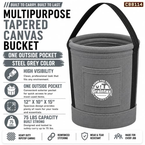 Graintex Tapered Canvas Bucket 12"x10"x15", Utility Tool Bucket One Inside Pocket, Reinforced Base & Carry Handle, Ripstop Canvas (Steel Grey) - color: Steel Grey