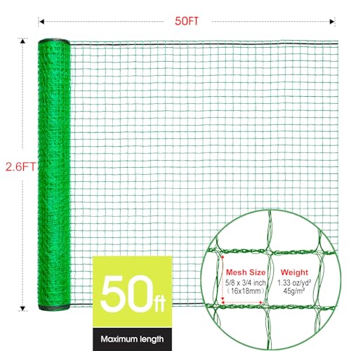 RIFNY Deer Fence, Temporary Fence for Garden Outdoor Yard, 2.6 x 50 FT | Plastic Mesh Fencing to Protect Plants Fruit from Deer Dogs Chicken Animal, UV Resistant, Weatherproof, Reusable, Green - size: 2.6 x 50 FT