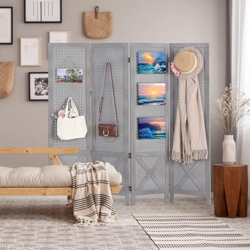 Wnutrees 4 Panel Pegboard Display,5 Ft Folding Privacy Screen Room Divider | Wood Portable Freestanding Board Organizer, Partition for Craft/Art Shows, Retail, Events, Wall Display, Grey - color: Grey