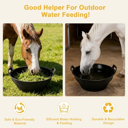 4Pcs Rubber and Plastic Feed Pan with Handle, 3 Gallon / 12 Quart | Plastic Feed Pan Utility Horse Feed Bucket for Cats Dogs Goats Chicken Dust Bath Container Animal Feeding Watering Bowl