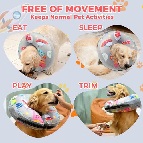 PAWCHIE Inflatable Dog Cone Collar Alternative, Soft Dog Cone for Medium to Large Dogs After Surgery, Adjustable Neck Recovery E-Collars Donut Collar with Cute Dinosaur Prints, Grey L - color: Grey, size: L(Neck:16"-18")