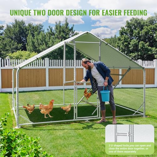 Large Metal Chicken Coop Runs for Yard with Cover, 10x6.5x6.5 | Perch Bars, Split Doors, Waterproof Covers, Mesh Wire - size: 118.1"L x 78.7"W x 78.7"H