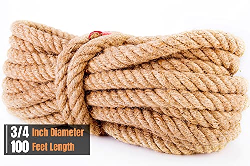 3/4" (20mm) Diameter Twisted Natural Fiber Rope: Heavy Duty Jute & Hemp Style Manila Rope for Crafts, Garden Fencing, Deck Railing & Outdoor Decorative Use (100ft Length) - size: 3/4 Inch 100Ft
