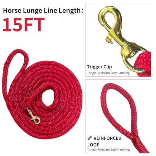 Double Braided Nylon Horse Lead Rope with Snap Hook, Black, 15 FT, Durable Lightweight (Red, 15FT) - color: Red, size: 15FT