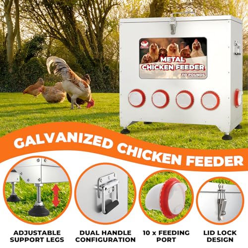 Sidasu 110 lbs Chicken Feeder No Waste-10 Port Large Chicken Feeder with Adjustable Height,Locking Lid,Rainproof-Metal Poultry Feeders for Chickens (Sliver, 23.76 * 22.78 in)