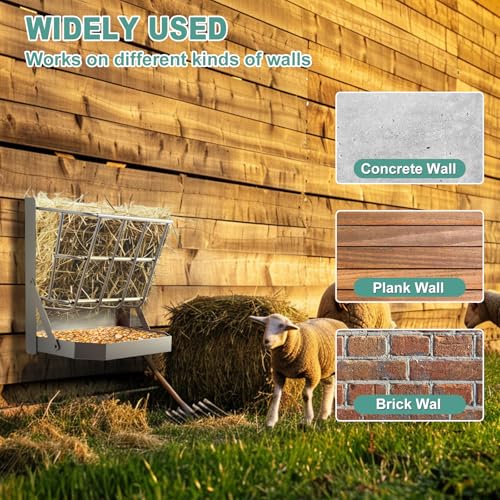 Goat Hay Feeder, 21 Gallon Large Capacity Hay Rack, 2 in 1 Hay and Grain Feeder, Wall Mounted Livestock Feeder with Feed Tray Wall Hay Rack for Sheep, Horses, Goats, Metal Hay Holder in Farm - size: non top cover