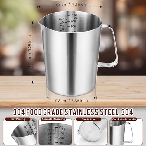 Copkim 4 Pcs Milk Frothing Pitcher with Handle 33.8 oz, 1000 ml, 4 Cup 304 Stainless Steel Pitcher with Pour Lip Metal Liquid Measuring Cups Measuring Jug Milk Frothing Cup for Latte Art Water Pouring - size: 4 Cup