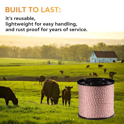 Electric Fence Polywire, 3280FT 6-Strand Stainless for Livestock | Farms & Ranches, 1000M Length, 6 Stainless Steel Strands, High Visibility Red & White, Fits Horses, Cattle, Sheep & Goats