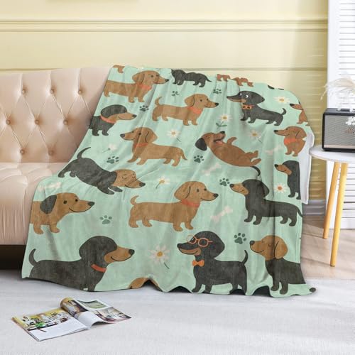 Cute Dachshund Dog Fleece Blanket,50x60in,Playful Wiener Dogs Glasses Bones Flower Mint Green Throw Blankets,Soft Cozy Lightweight, Ideal for Bed Living Room Home Whimsical Pet Decor,Gifts - color: Dachshund, size: 50x60 Inch