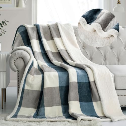 PU MEI Sherpa Fleece Throw Blanket 60" x 80" Reversible Plush Fluffy Large Big Blanket Lattice Flannel Blankets for Sofa Couch Bed (Grey-Soft Blue, 60"*80") - color: Grey-blue, size: 60"*80"