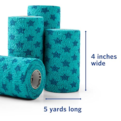 PowerFlex Equine – Extra Strong Self-Adhering Bandage Wrap – Wound Care, Compression & Support Bandage for Horses, Cows & Dogs – Stars, 4 inch, 4 Rolls (Resealable Case) - color: Stars