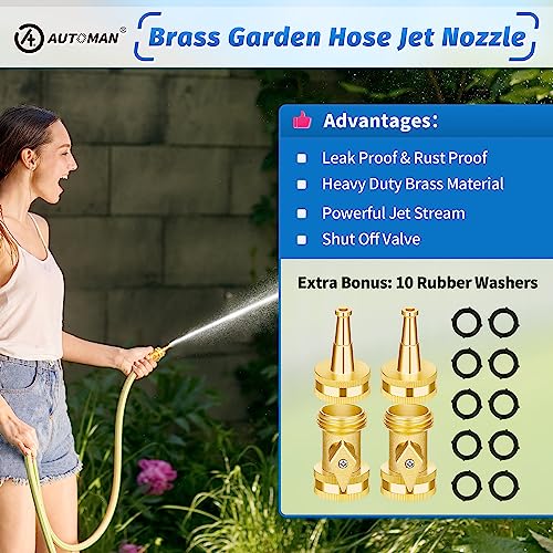 AUTOMAN Brass Hose Nozzle - High Pressure Jet Nozzle 4 Count (2 Set), Heavy Duty Water Hose Sprayer Sweeper with Hose Shutoff Valve, 3/4” GHT Nozzles for Garden Hose, Car Wash, Extra 10 Rubber Washers - size: Brass Jet Nozzle Set