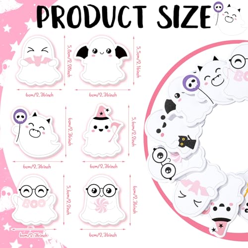 Yinder 24 Pads Kawaii Ghost Sticky Notes Fun Cartoon Memo for School | Cute Animal Designs with Cat Pumpkin Candy, Self Adhesive Memo Pad for Office Party Supplies, Bulk Gift for Students - style: Ghost