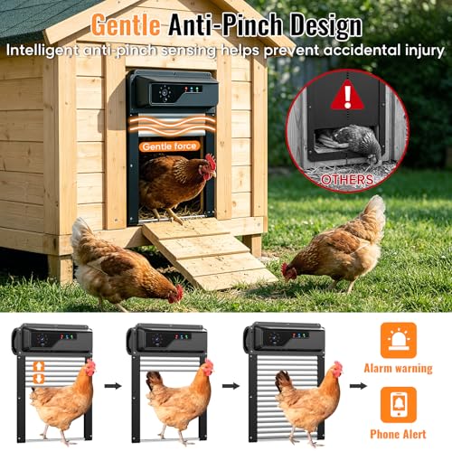 Automatic Chicken Coop Door with Timer and Remote Control, WiFi 1080P Camera Smart Roll-Up Auto Poultry Door, 7W Solar Powered, App Control, Anti-Pinch Safety, Predator Alarm