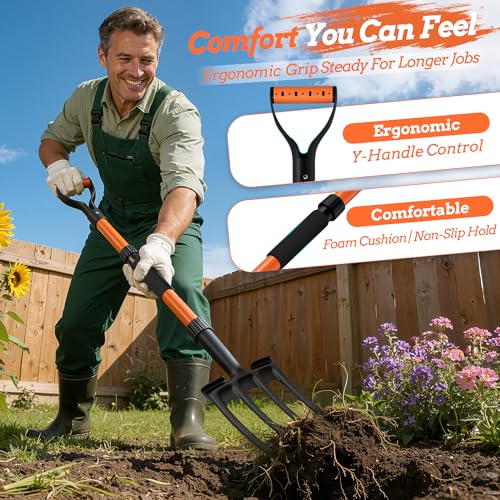 Garden Fork for Digging, 4-Tine Pitch Fork with Foot Step, Ergonomic Y-Handle & Comfortable Grip, Lightweight Durable Pitchfork for Soil Loosening, Compost, Mulch, Weeding & Potato Harvest - 43 Inches - size: 43-inchs