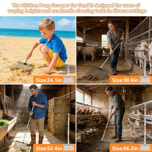 Chicken Poop Scooper for Sand, 15-Inch Large Adjustable Metal Chicken Manure Scoop, Chicken Coop Scooper for Sand Suitable for Chicken Coops, Rabbit Coops, Stables, Gardens, Beaches - size: 3.9"L x 15.0"W x 66.5"H