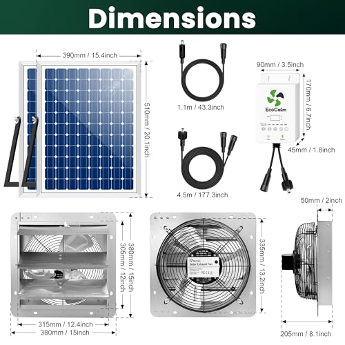 Solar Exhaust Fan 12“ for Greenhouse with Smart Thermostat, Battery | Solar Powered Attic Fans, 2PCS 30W Bifacial Panels, Wall Mount, Metal Build, Stable, for Outdoor, Garage, Shed, Chicken coop - size: 12 Inch