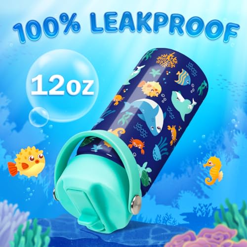 SANDJEST Kids Water Bottle with Straw Lid - 12 Oz Insulated Stainless Steel Ocean Water Bottles for Kid Boys Girls - Travel Cup for School Sports - color: Ocean Animal 2