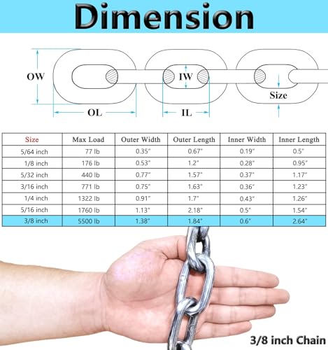 304 Stainless Steel Chain Heavy Duty Outdoor | 6.5ft 13ft Small Large Light Metal Link Chain for Home Camping Hanging etc - size: 3/8in-6.5ft