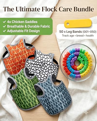 4PCS Chicken Saddle for Hens with 50pcs Chicken Leg Bands (001-050), Chicken Apron Back Protector with Adjustable Straps, Back Protector for Feather Loss & Rooster Mating (4PCS)