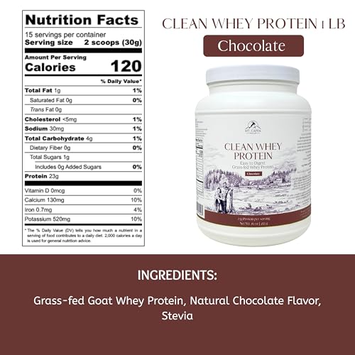 Mt. Capra Clean Whey Protein | Grass-Fed Undenatured Goat Whey Protein Powder | 24 g Protein Per Serving, All Natural, Non-GMO, High in Branch Chain Amino Acids | Chocolate | 15 Servings - 16 oz