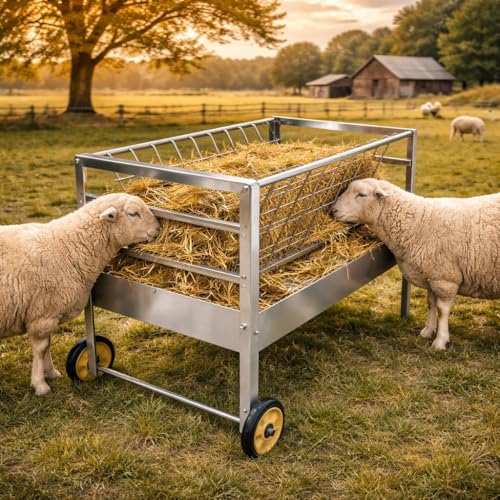 2‑in‑1 Hay Feeder for Goats, Galvanized Steel Heavy‑Duty Mobile Cart, Rust‑Proof Goat Trough Feeder with Large Capacity, Ideal Sheep Feeder for Goats, Sheep, Horses & Farm Livestock
