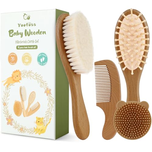 Yoofoss 4 Piece Baby Hair Brush and Comb Set, Wooden Baby Hair Brush with Natural Ultra Soft Goat Hair, Baby Comb Set for Boy, Girl - Walnut - color: Walnut