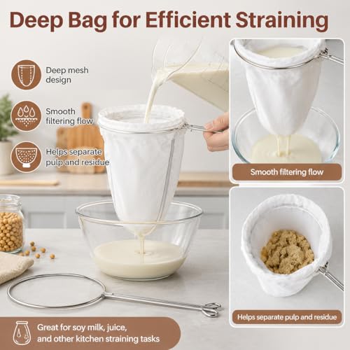 RAINFLOW 3PCS Ultra Fine Mesh Strainer Bags with Stainless Steel Handle | Reusable Nut Milk and Cheesecloth Filter Bags for Straining Milk, Coffee, Juice, Yogurt and Other Kitchen Foods
