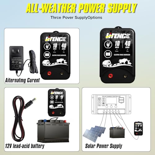 AC/DC 2-in-1 Power Supply, Electric Fence Energizer for 10 Mile Preventing Wild Animal Intrusion, 40 Acre Coverage, 12V Input, 12KV 2 Joule Output, Deter Predators, Contain Cattle, Cow and Livestock - color: BLACK-Base Model