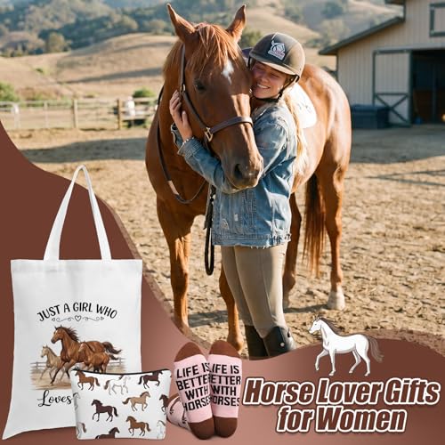 Tudomro 3 Pcs Funny Horse Gifts Set for Women Novelty Animal Crew Socks Canvas Tote Bag Makeup Bag Horse Lovers Gifts for Equestrian Birthday - style: Horse
