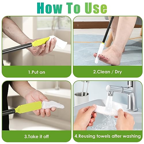 Toe Cleaning Brush,Foot Brush with Reusable Drying Covers.Foot Scrubber with Telescopic Aluminum Alloy 12"-24",Long- Handled Toe Lotion Applicator for Seniors,Elderly, Disabled Men and Women