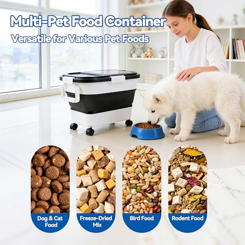 Dog Food Storage Container 20-25lbs, Airtight Pet Food Bin with Locking Lid & Clear Window, Collapsible Rolling Storage Container with Wheels and Scoop, Black - color: Black-M