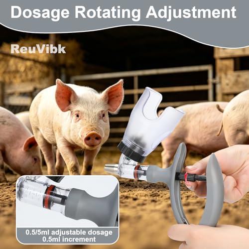 5ml Continuous Self-Refilling Livestock Syringe, 10 Needles Included | Adjustable dosage from 0.5ml to 5ml Veterinary Injection Gun for Chicken, Duck, Pig, Sheep, Cow Poultry - color: Grey