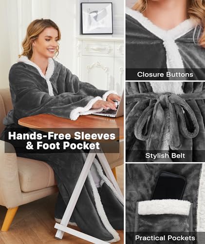 SIHOHAN Portable Heated Blanket with Foot Pockets for Wearable | Heated Throw Blanket, Flannel & Sherpa, 8 Heat Levels & Timer, 50x70 Inch Grey Home Office Travel, Machine Washable - size: 50*70 Grayish White