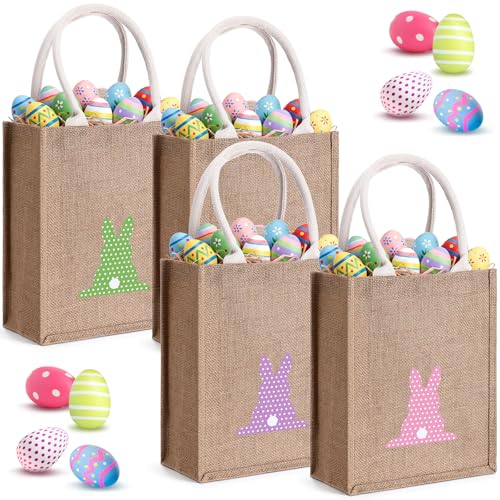 Honeydak 4 Pcs Easter Baskets for Kids Bunny Burlap Easter Tote Gift Bags with Handle Jute Stripe Rabbit Gift Bags for Kids Egg Hunt Game Spring Party Supplies - style: Polka Dot Bunny