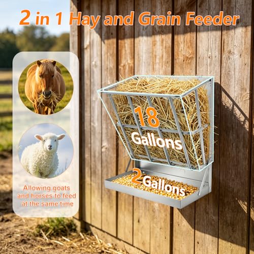 2 in 1 Wall Mount Hay and Grain Feeder, 25 Gallons Livestock Feeder | Galvanized Steel Wall Hay Rack, Hanging Hay Feeder with Mounting Kit for Goats Sheep Horse, Slow Feeder for Goats with Trough - color: Silver