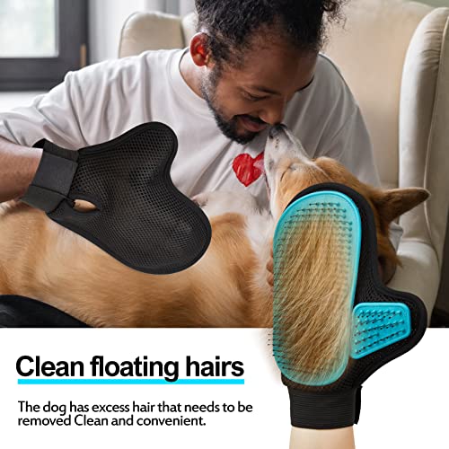 2025 Pet Grooming Glove with Tipped Pin Brush,Special Design Deshedding Glove, Perfect Petting Tool for Sensitive Dogs & Cats with Long & Medium Fur, Massage Mitt - Right-Hand - Blue