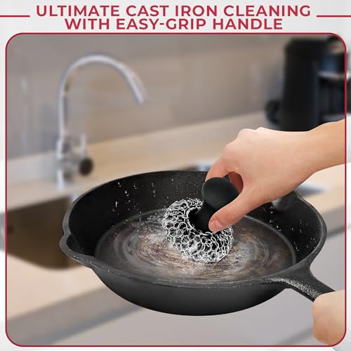 316L Chainmail Scrubber Cleaner Kit - Chain Scrubber with Long Grip Handle | Zylark Chain Mail Scrubber Cast Iron - Cast Iron Skillet Scrubber - Chain Scrubber with Long Handle - style: Black CIS with Scraper (Handle)