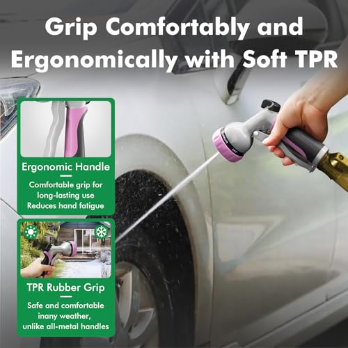 RESTMO Garden Hose Nozzle, Heavy Duty Metal Water Hose Nozzle with 7 Adjustable Spray Patterns, High Pressure Hand Sprayer with Flow Control, Best for Watering Plant & Lawn, Washing Car & Pet, Pink - color: Pink